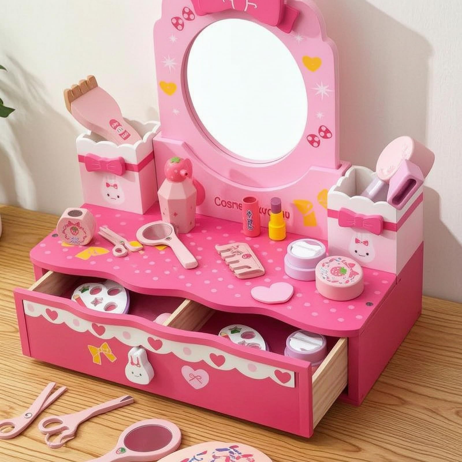 MagiDeal Tocador de Juguete con Espejo y Cajones para Niñas Pequeñas Madera Estable Diseño Clásico Compartimentos Juego de Maquillaje Fomenta