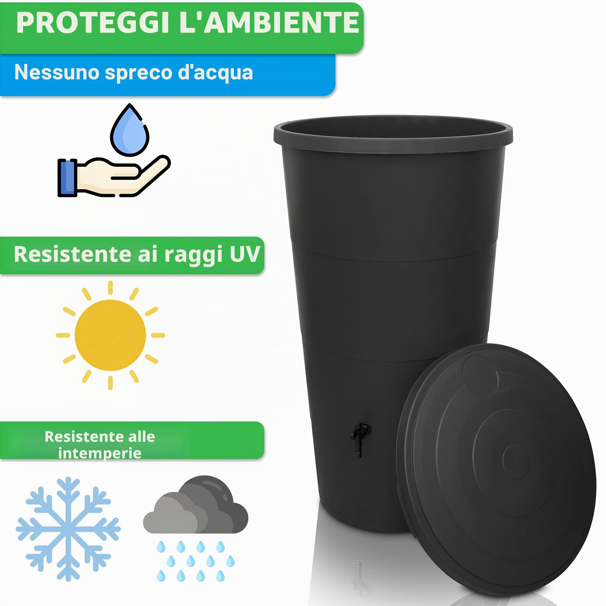 Yourcasa Serbatoio Acqua 200 litri [incluso raccoglitore di pioggia] Cisterna acqua piovana con rubinetto e coperchio – Serbatoio acqua piovana giardino - raccolta acqua piovana (antracite)…