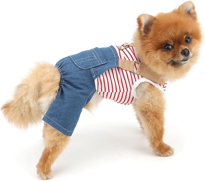Overol de mezclilla para perros PAIDEFUL, talla M, rojo, con argolla miniatura 2