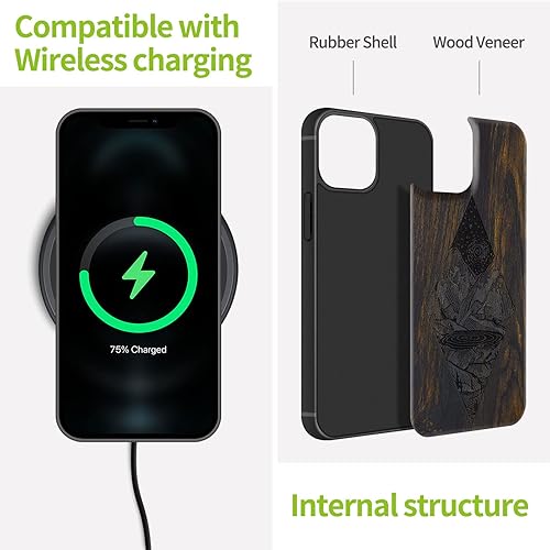 Miniatura 8 de Carveit Funda magnética de madera para iPhone 13 Pro madera natural y TPU suave negro funda protectora de madera única y elegante a prueba de golpes