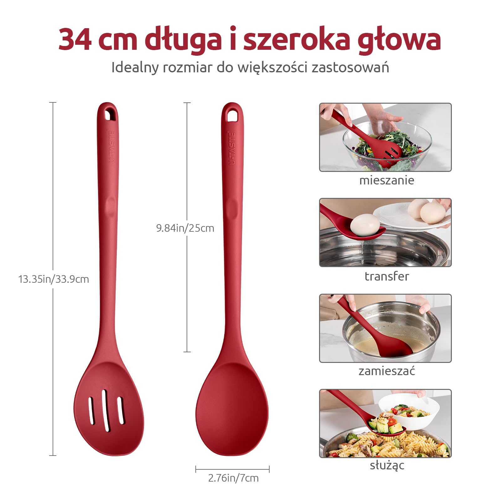 U-Taste 33,9 cm Bardzo Długa Łyżka Silikonowa: łyżka do gotowania odporna na ciepło 315 ℃, solidna i cedzakowa łyżka z powłoką nieprzywierającą do serwowania, mieszania (Czerwony, 2 sztuki)