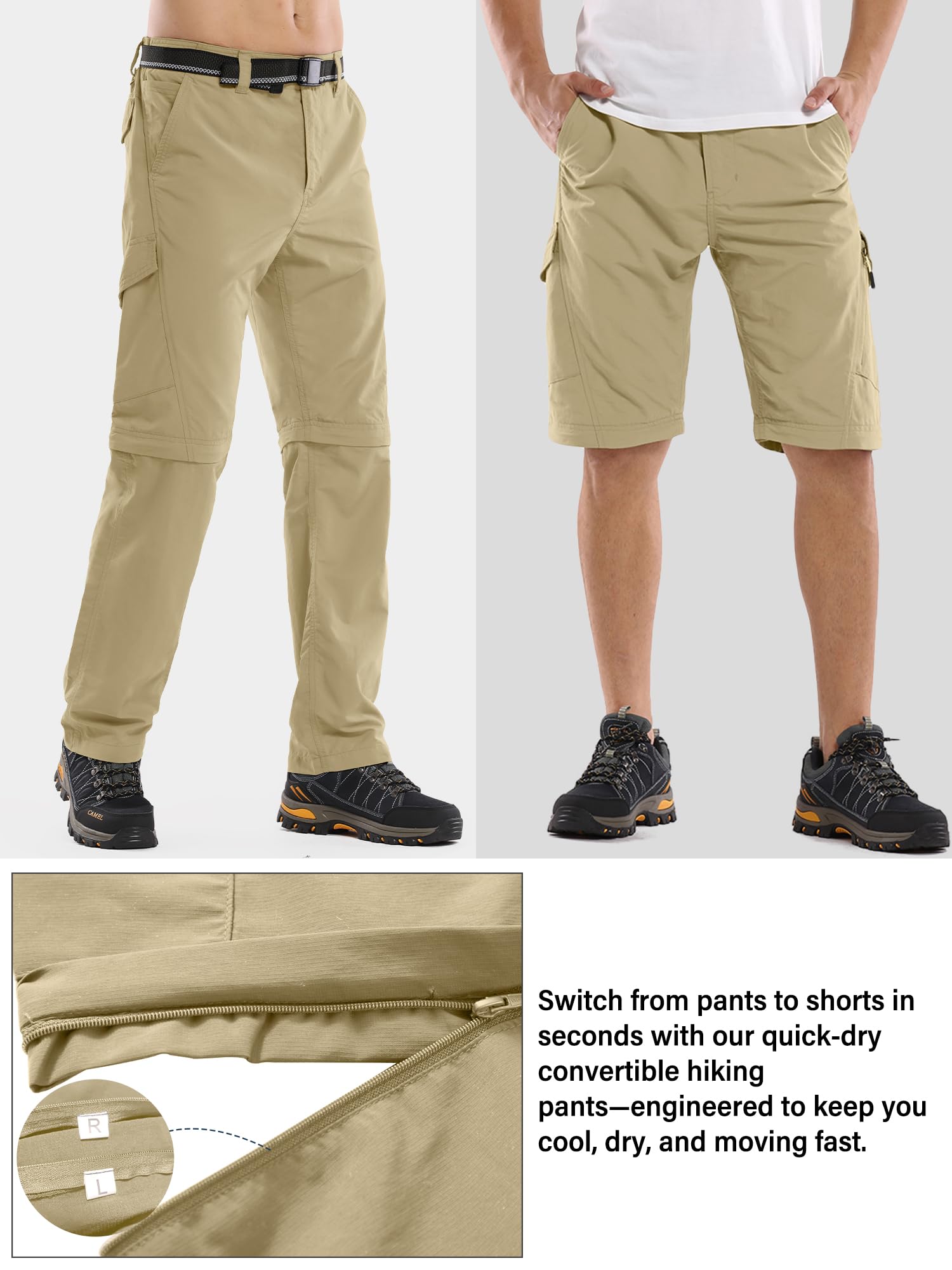 Pantalon de randonnée convertible léger pour homme - Séchage rapide - Fermeture éclair - Pour la pêche, le safari, le camping