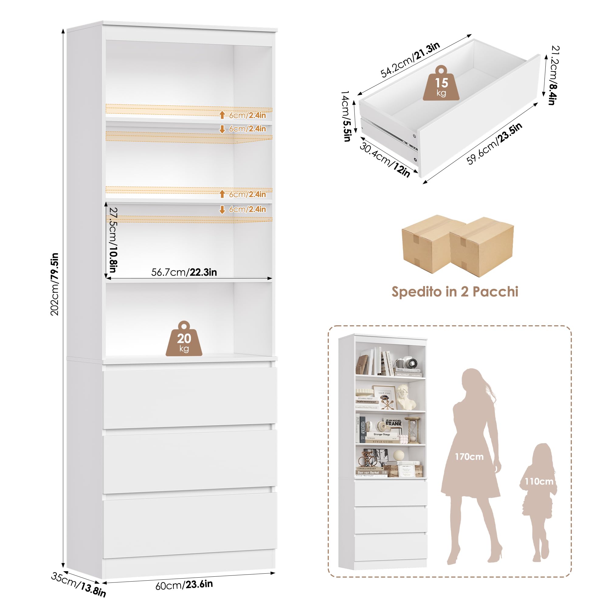 FirFurd 202 cm Libreria, Libreria Verticale con 4 Scomparti Aperti, Bianco | Scaffale Salvaspazio con 3 Cassetti Scorrevoli,Librerie con Ripiani Regolabile,per Studio, Ufficio, Soggiorno,60x35x202 cm