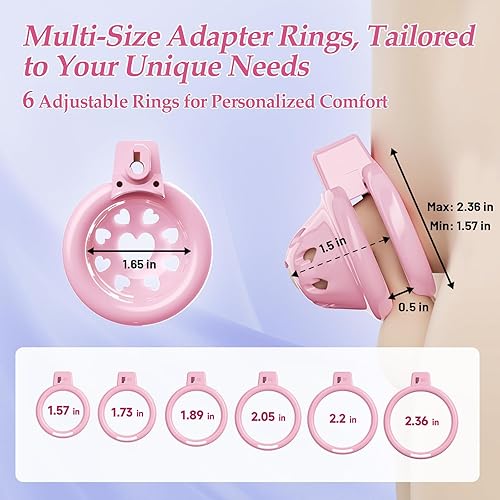 Miniatura 19 de Preciosa jaula de castidad masculina rosa, dispositivos de castidad ligeros con cabeza de silicona suave, 6 anillos para el pene para el pene, jaula