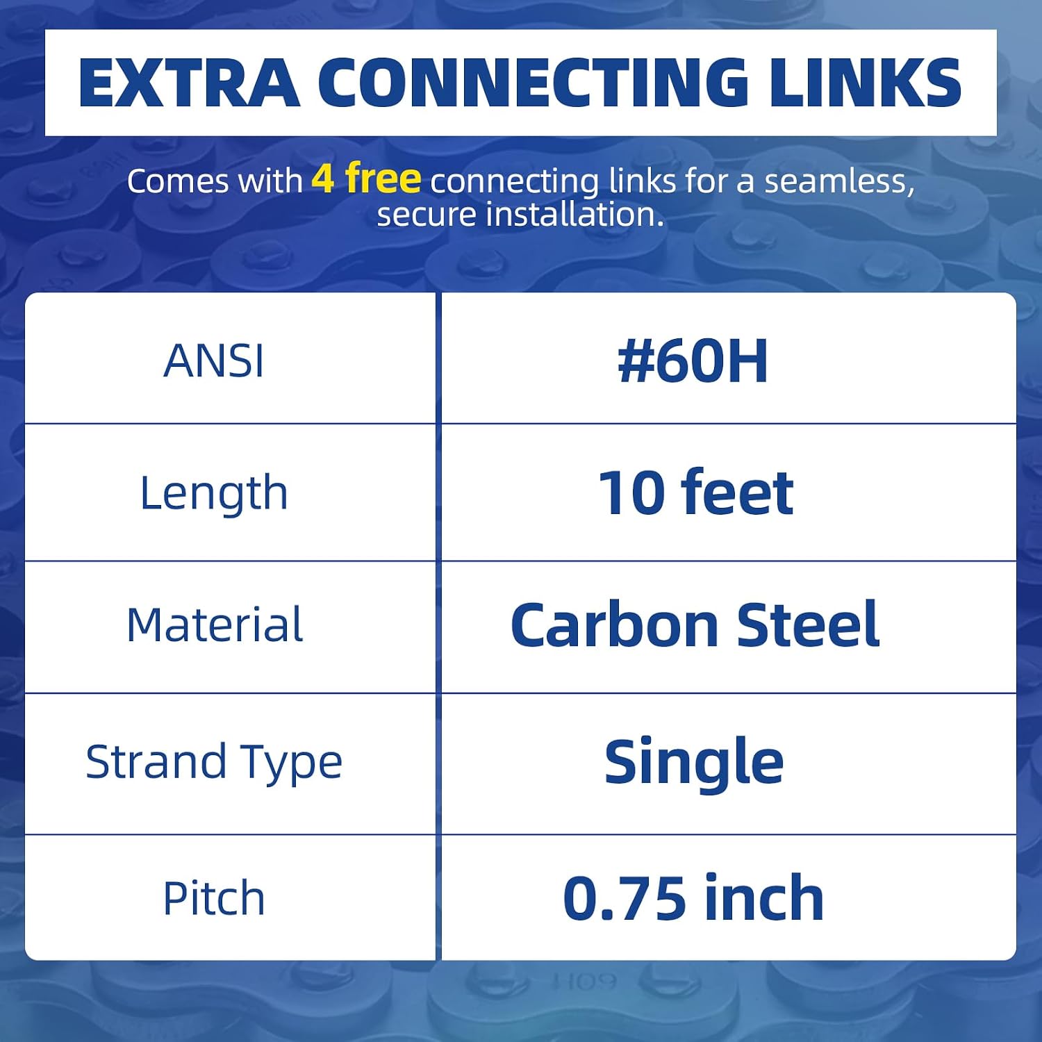 #60H Roller Chain, 10 Feet Carbon Steel Chain with 4 Free Connecting Links (159 Links)