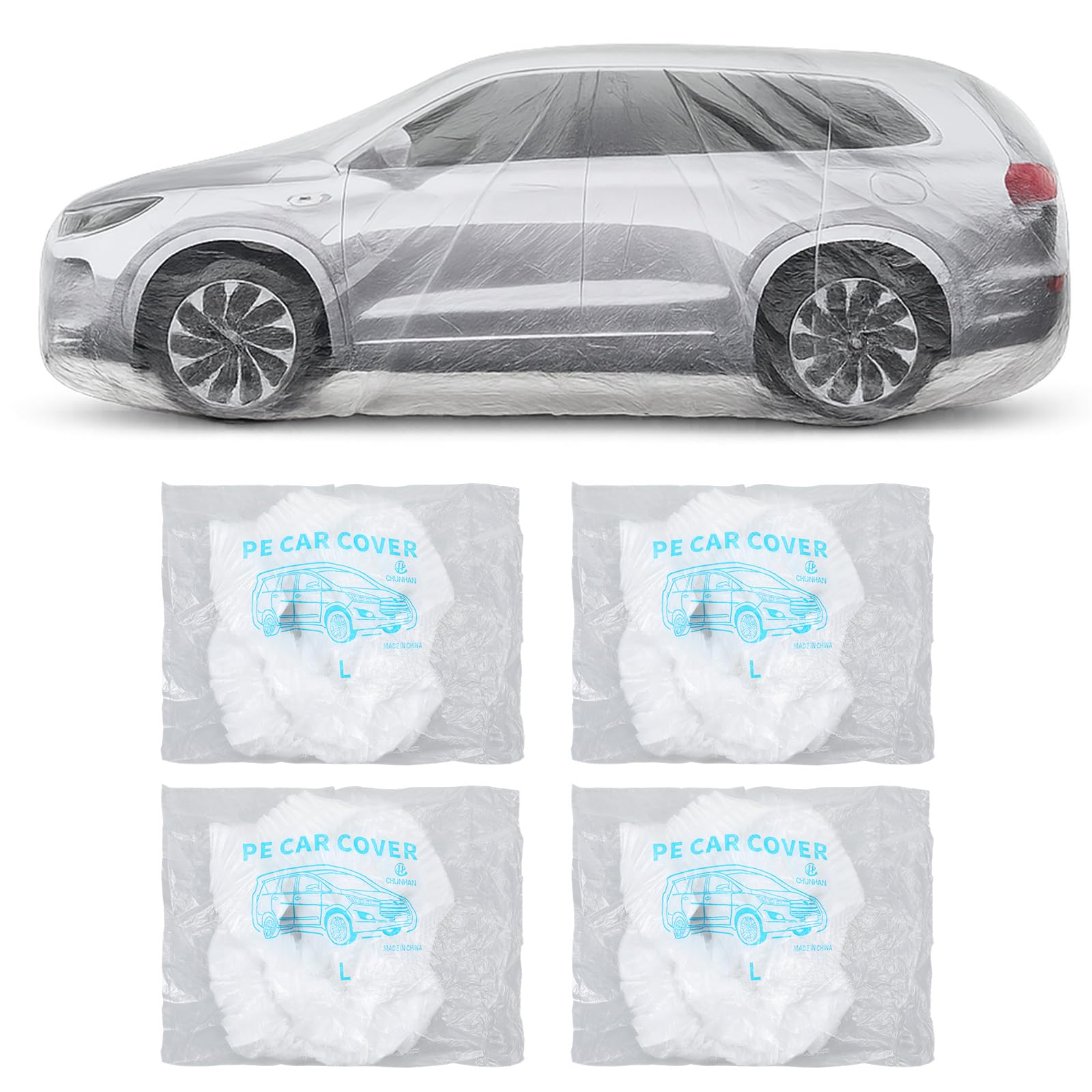 Molain 4 Pack Disposable Car Cover Clear Plastic Car Cover Waterproof Universal Rain Dust Garage Covers with Elastic