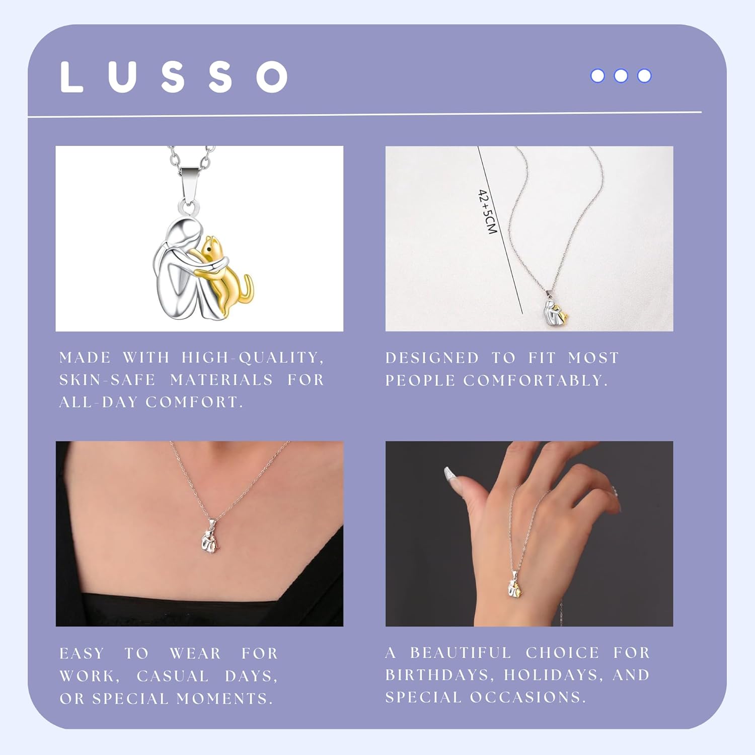 LUSSO 925 Sterling Silver Hug Necklace For Women And Men - 14K Yellow Gold Mom And Cat Hugged Pendant With Chain, Hugging Necklaces Jewelry Gift For Women