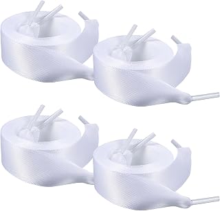 4 Pairs Ribbon Shoe Laces, 47" Flat Satin Shoelaces for Women Girls 2cm Wide Silk Shoe Strings for Sneaker Skate Shoes Boots Sport Shoes DIY Decor (White)