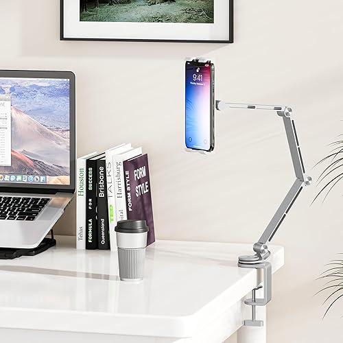 Miniatura 7 de Houele Soporte para tableta, brazo plegable ajustable para tableta iPad con base giratoria de 360, soporte para teléfono iPad para escritorio y