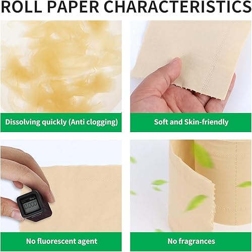 Miniatura 5 de Papel higiénico de bambú, 4 capas, 18 rollos, 200 hojas por rollo, total de 3600 hojas, sin blanquear, sostenible y sin árboles, suave, fuerte,