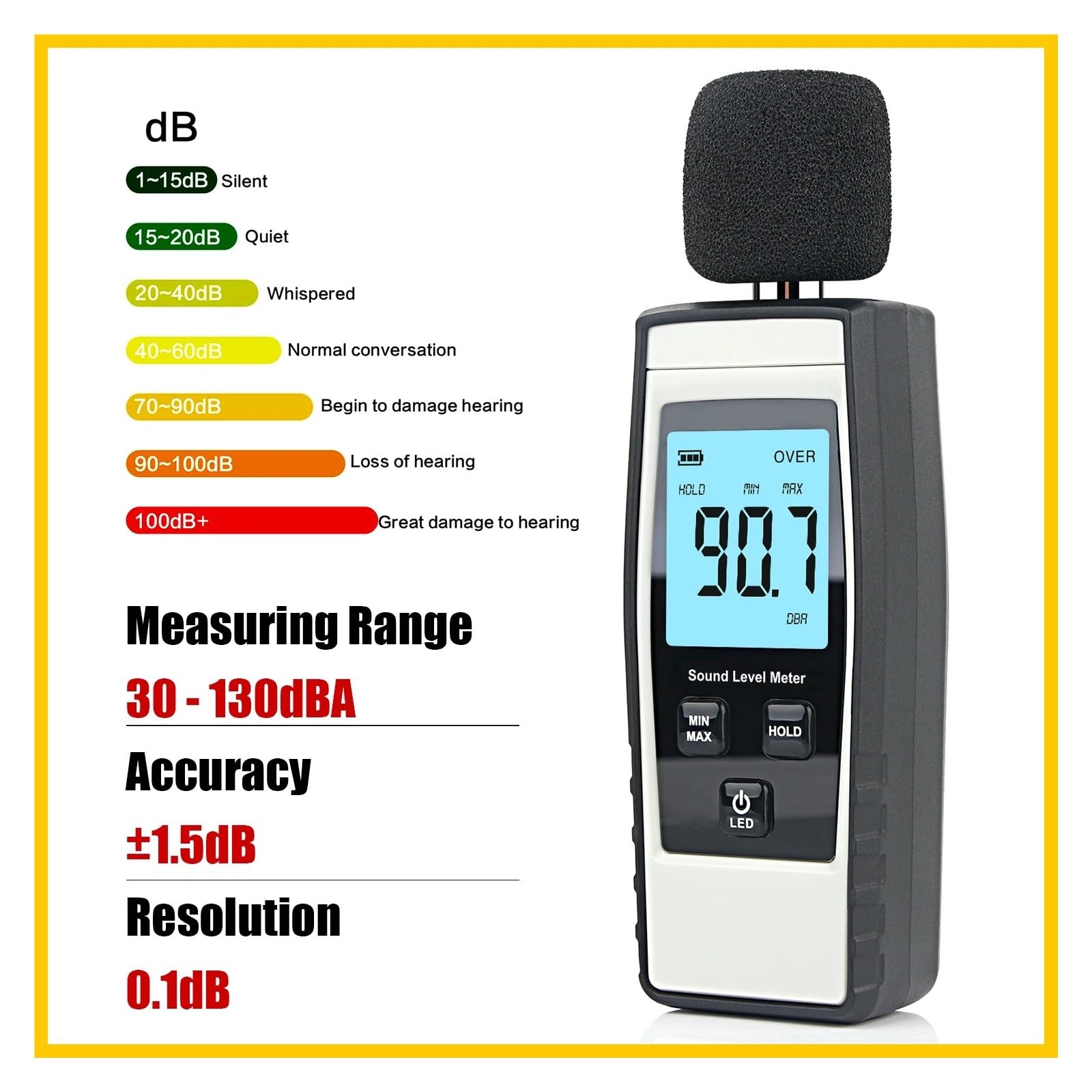 Miernik decybeli, Miernik poziomu dźwięku Monitor miernika 30-130 dB decybeli hałasu