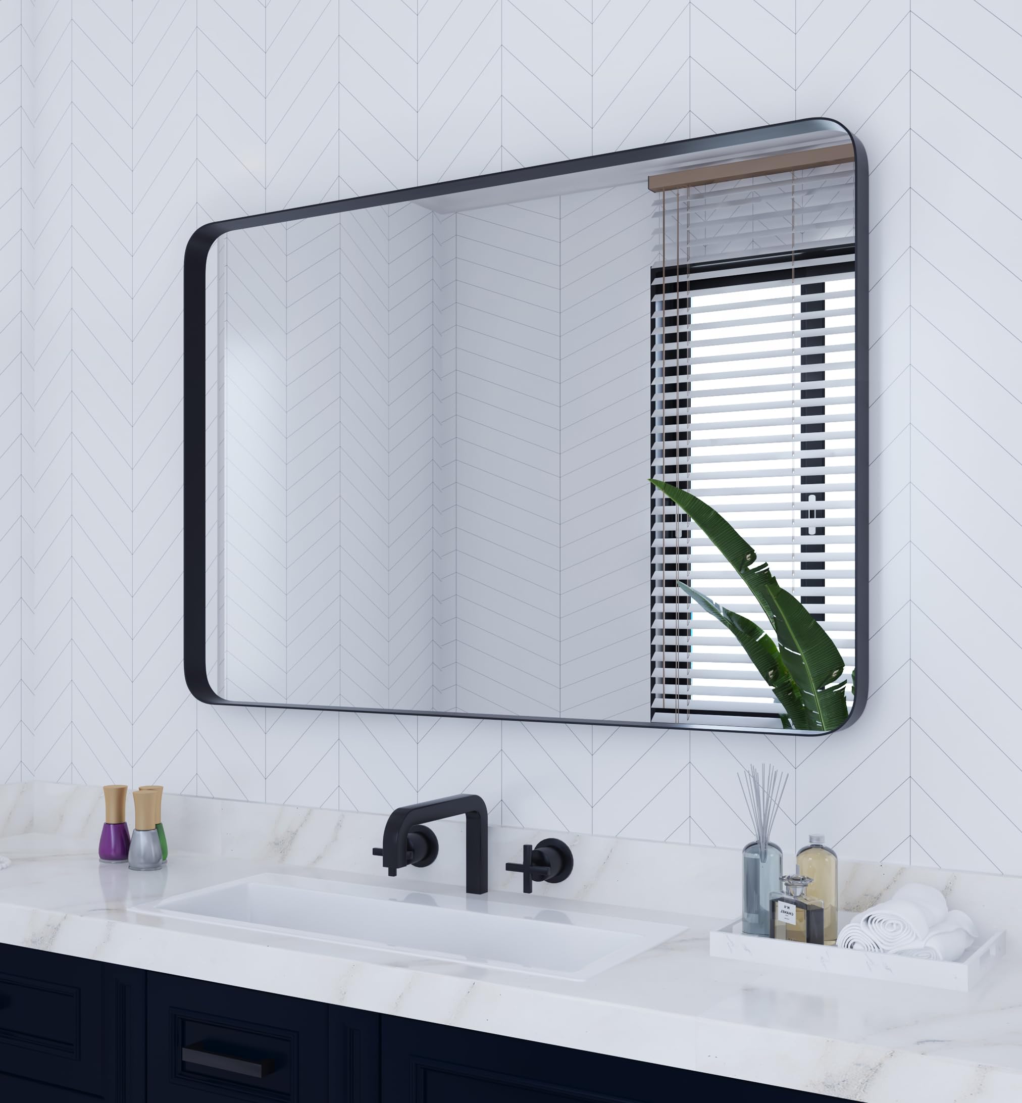 Black Bathroom Mirror for Wall, 28 x 40 Inch Rounded Rectangle Metal Framed Bathroom Wall Vanity Mirror Farmhouse, 1/4-inch Shatterproof Glass | Ultra-Flush Hanging