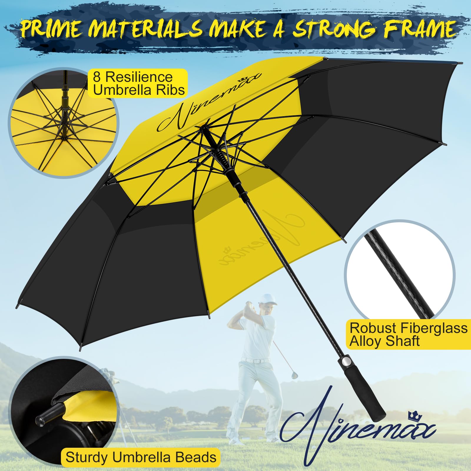 NINEMAX Parapluie De Golf Solide 62/68 Inch Parapluie De Golf Grande Taille Automatique Ouverture Parapluie Grand Résistant au Vent pour Homme Femme