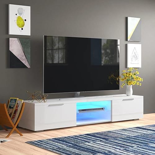 Miniatura 1 de Soportes LED brillantes para TV centro de entretenimiento moderno almacenamiento de medios para pantalla plana de 65 pulgadas estantes de gris,