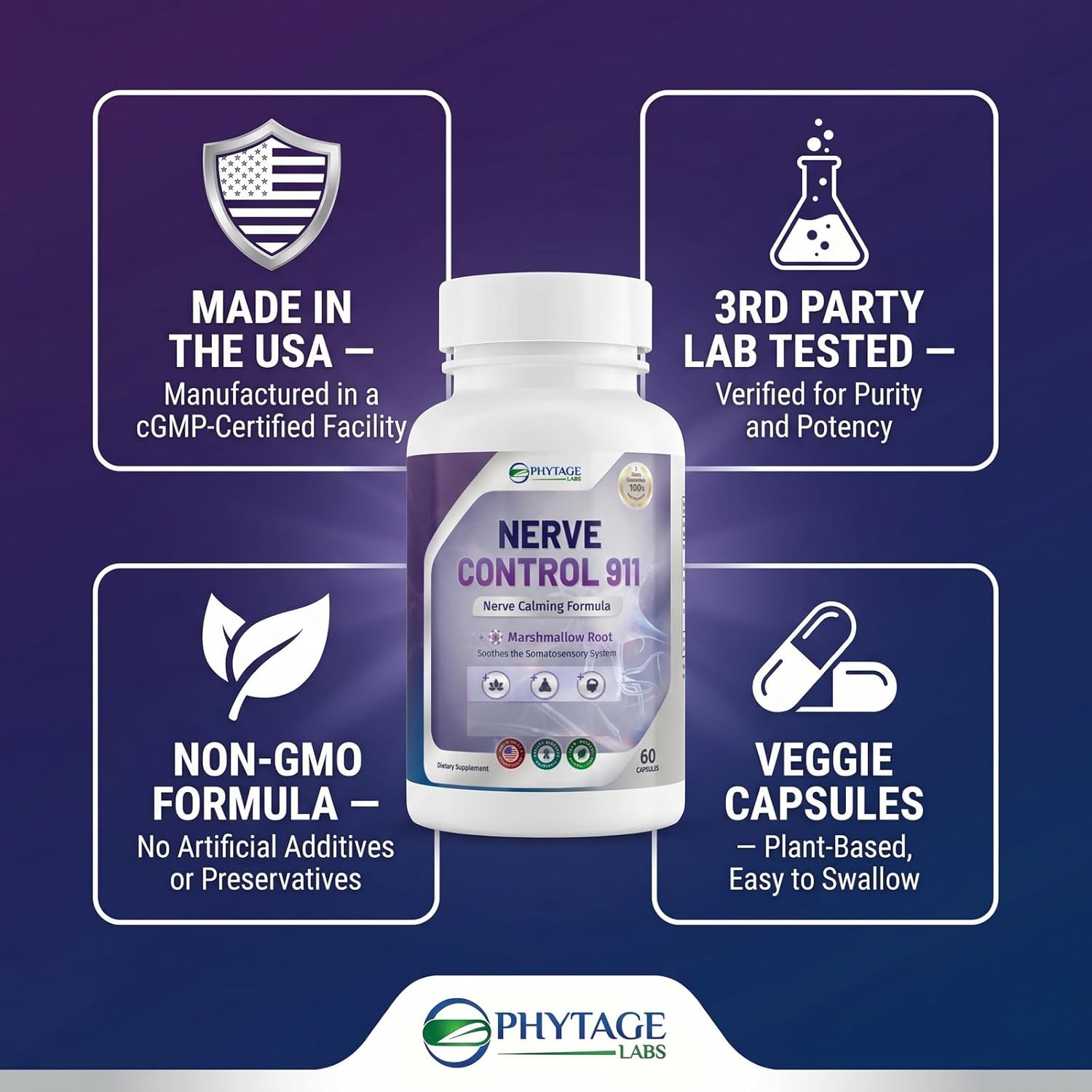 Nerve Control 911 – Advanced Botanical Nerve Support Supplement with Passion Flower, Marshmallow Root and Corydalis – Promotes Daily Calm and Central Nervous System Wellness – 60 Capsules