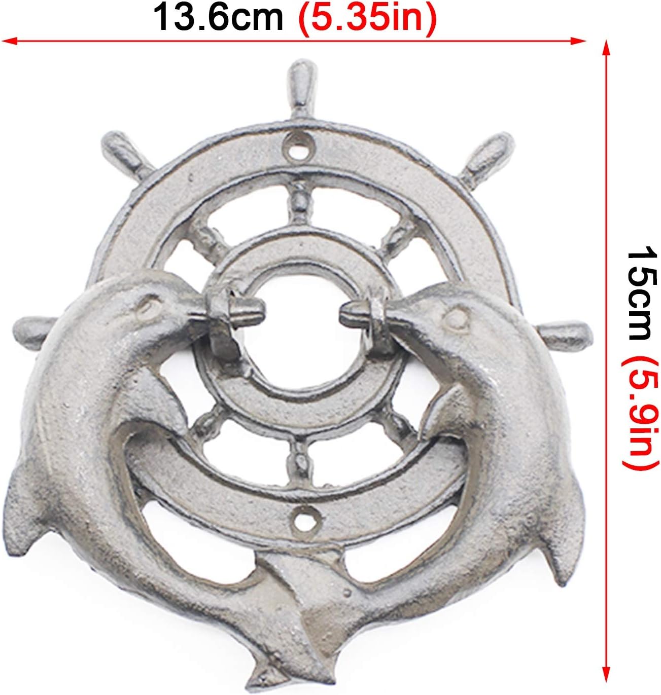 Door Knocker Vintage Dolphins Shaped Door Ring, Round Wheel Decor Gate Handle/Cabinet Pull Ring/Outdoor Garden Sheds Knocker, Traditional/Lovely (13.6 × 15cm)