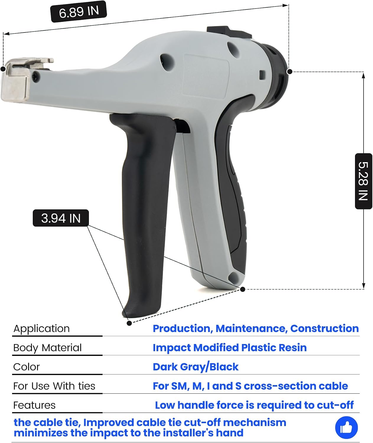 Low-Impact Cable Tie Gun for Plastic & Nylon Zip Tie, Replace Panduit GTS-E, Ergonomic Zip Tie Gun with Adjustable Tension, 16-Position Knob, Flush Cut, Low Handle Force, Fits 8-50 lb Cable Ties