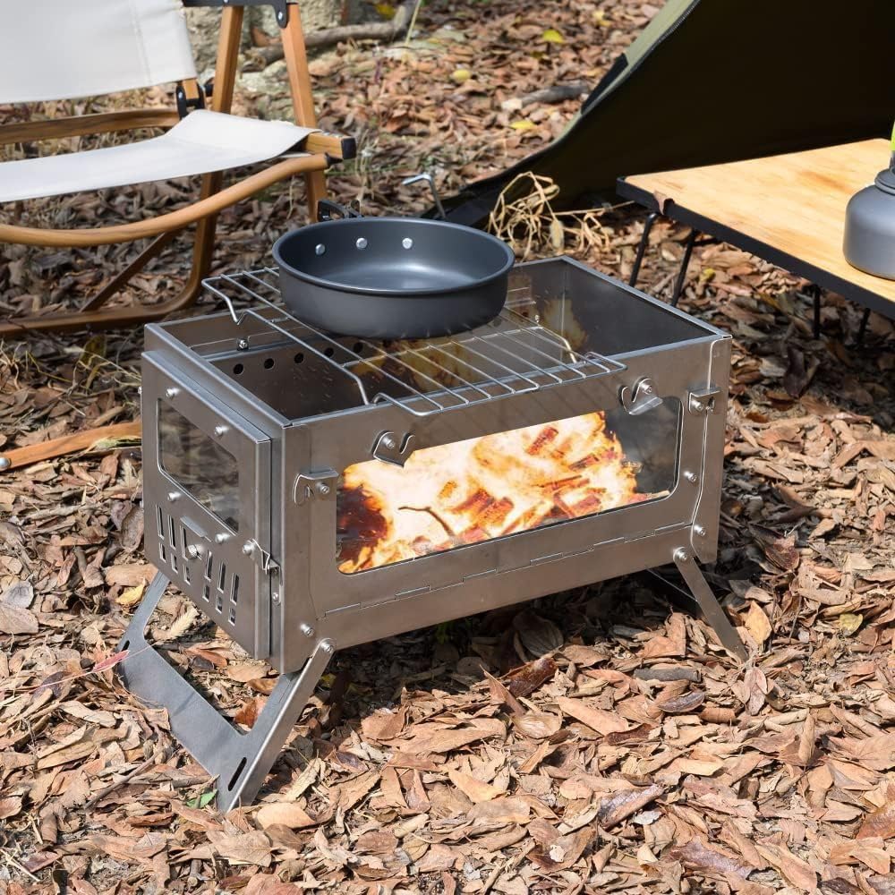 WYWY Camping-Holzofen,Zeltofen aus 430er Edelstahl, faltbar, mit Frontfenster und einem Seitenfenster, geeignet für Camping, Kochen, Jagen(A)