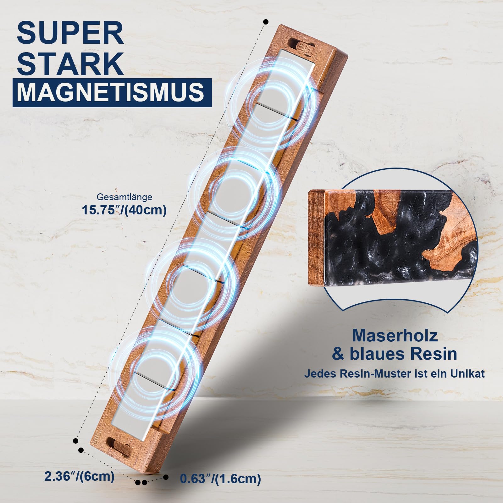 ENOKING Magnetische Messerleiste 40cm, Magnet Messerhalter aus Akazienholz & Schwarzem Resin, Magnetischer Messerhalter Wand mit Starker Magnetkraft, Messerleiste Wandmontage mit Kleben oder Bohren