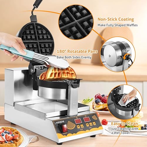 Miniatura 18 de WICHEMI Máquina de gofres comercial 360 Flip antiadherente giratorio Waffle Iron Control de tiempo Temperatura ajustable Cuerpo de acero inoxidable