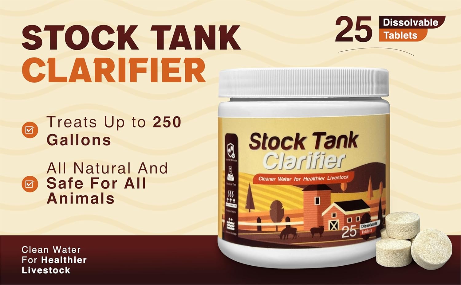 Stock Tank Clarifier - Improves Livestock Water by reducing buildup and Creating Healthier Water troughs. Safe for Horses, Cattle, Sheep, Goats & Chickens. (Tablet, 25, Count)