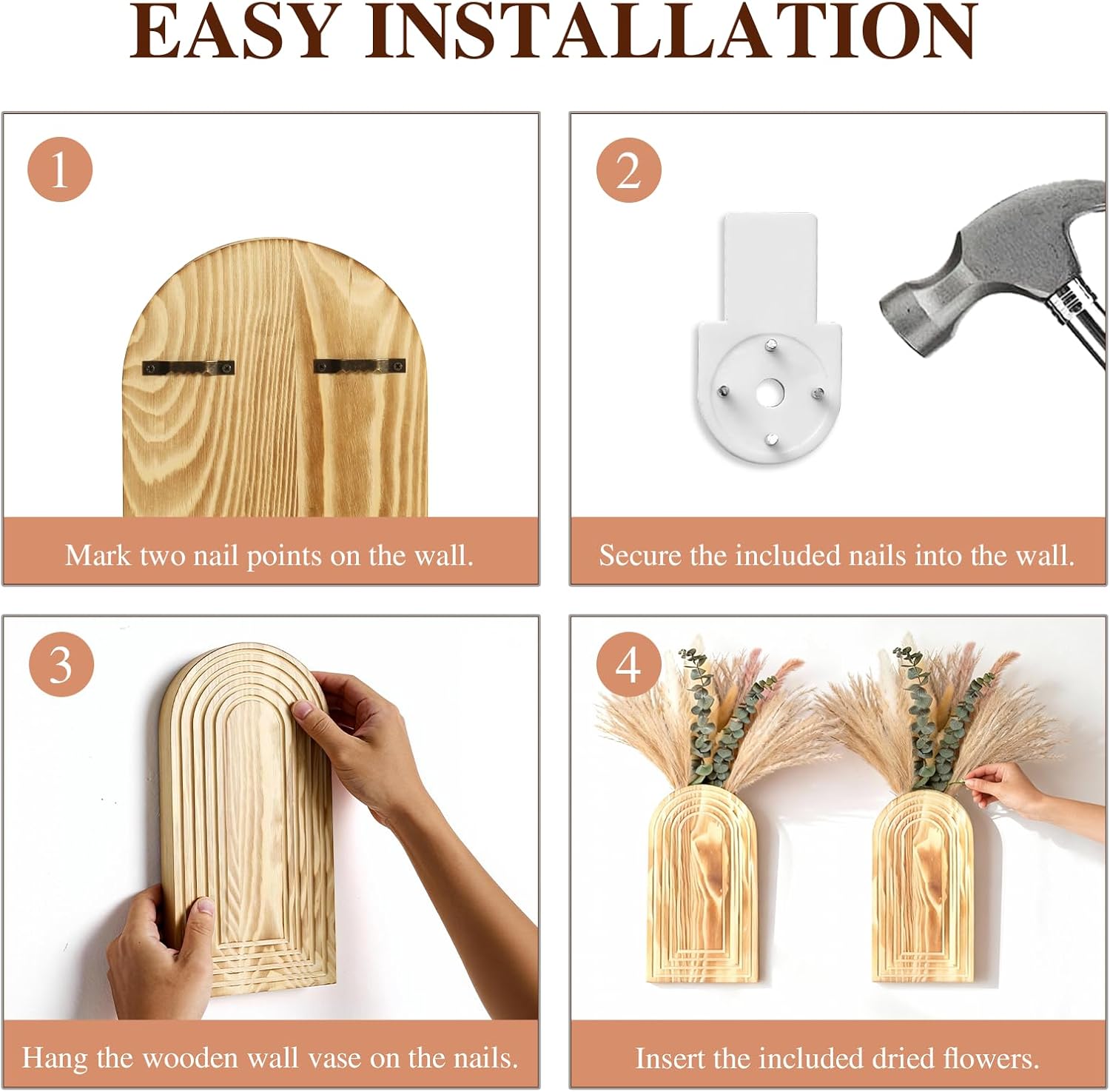Wooden Wall Vase Set of 2 with Dried Pampas Grass & Eucalyptus – Boho Farmhouse Wall Decor for Living Room, Bathroom, Entryway or Hallway, Rustic Modern Wooden Wall Art