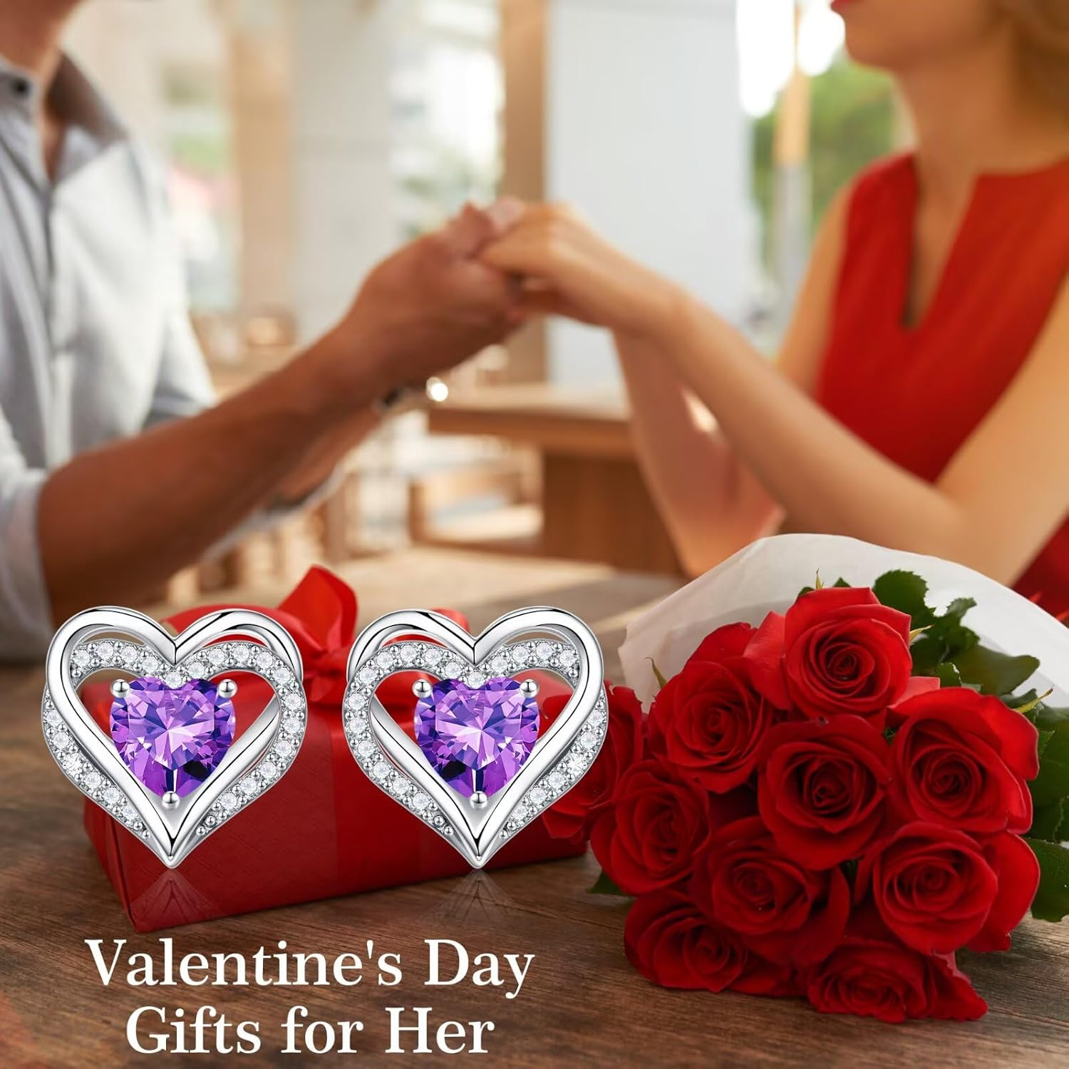 Iefil Birthstone Earrings for Women - 925 Sterling Silver Heart Stud Earrings Birthday Gifts for Women - Image 2