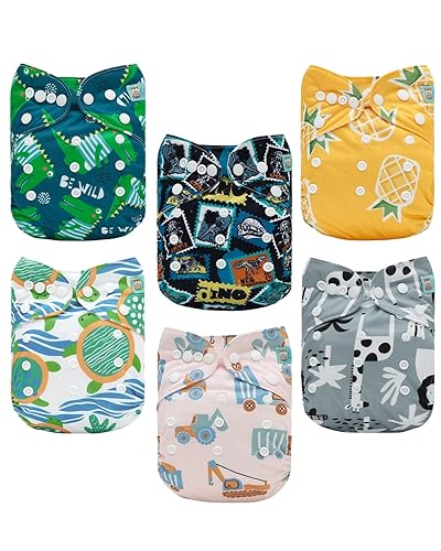 Miniatura 15 de ALVABABY Pañal de tela para bebé, paquete de 6 con 12 insertos, fundas de pañal de tela de tamaño único, ajustables, lavables, reutilizables, para