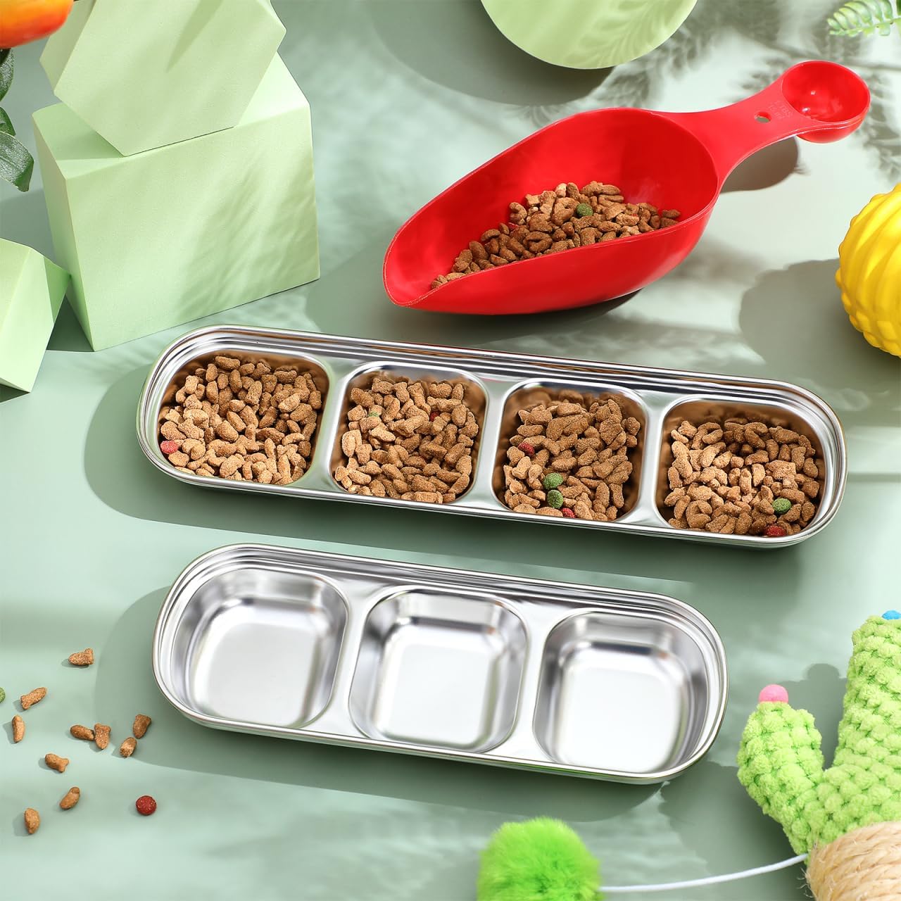 Ipetboom Stainless Feeding Plate 4-Pack Multi-Grid Fodder Tray for Small Animals Pet Feeding Dish with Compartments Easy-Clean Tray for Daily Food Serving