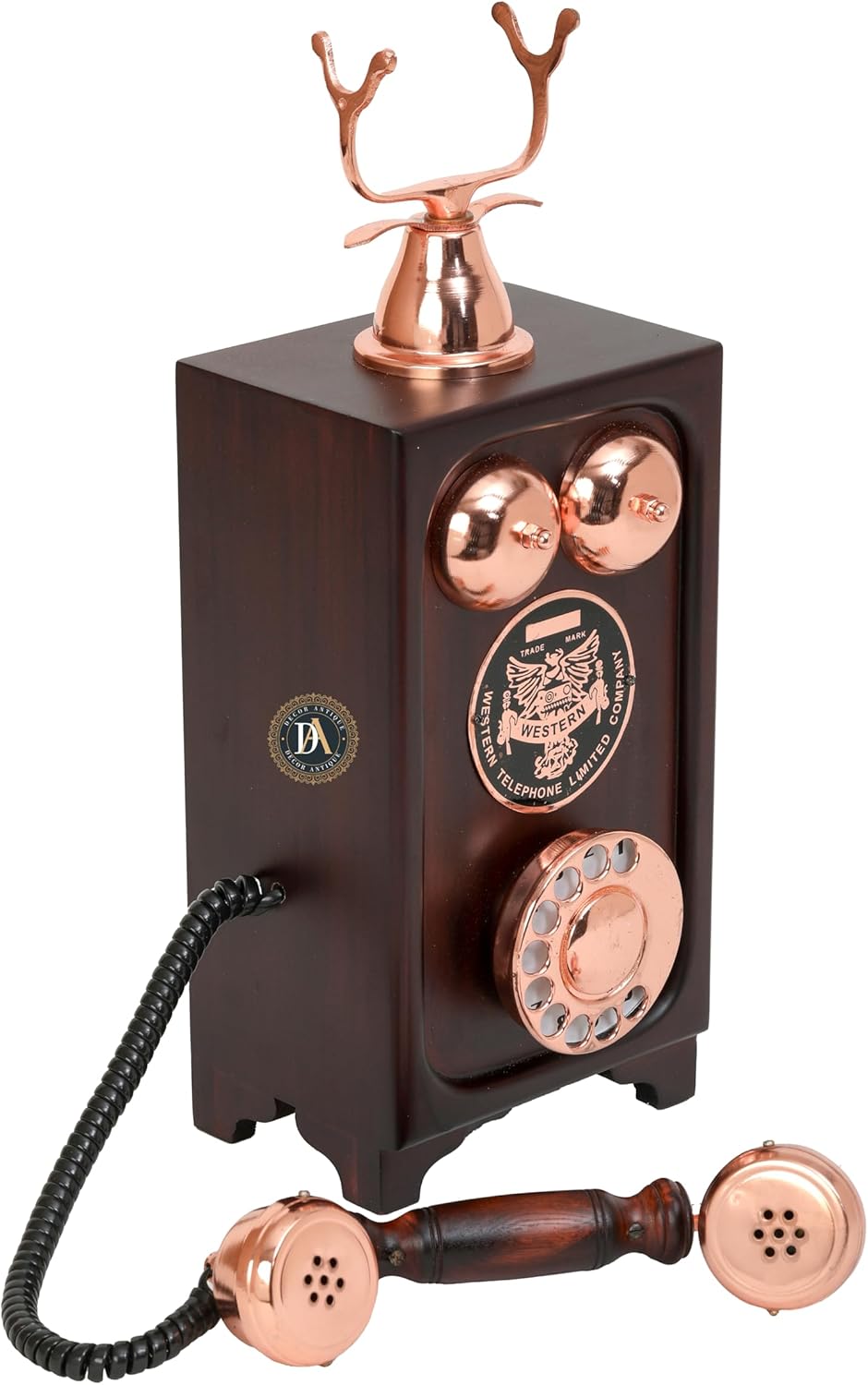Handmade Wooden Carving Work Design Phone Collectible Non-Working Vintage Rotary Dial Telephone