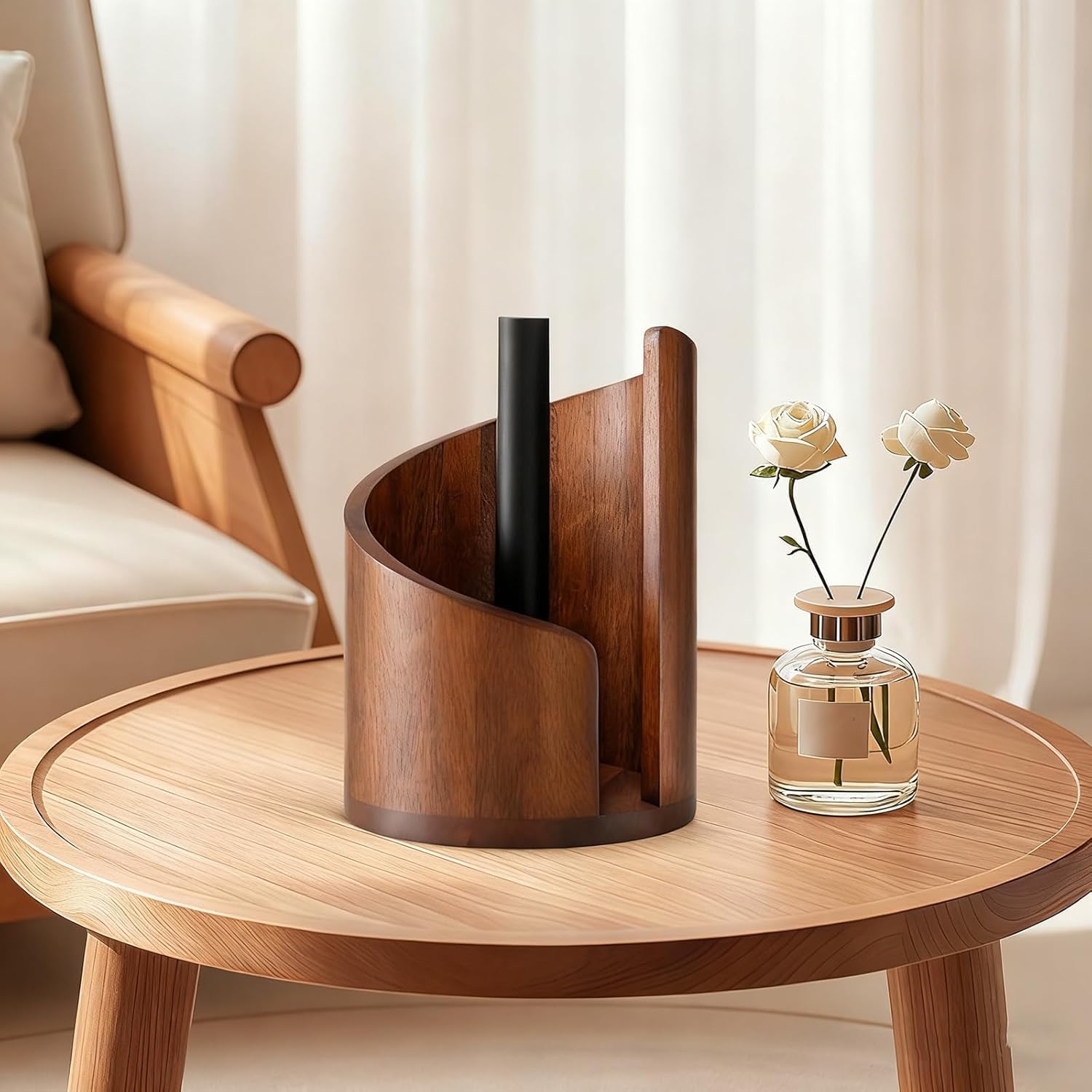 Mountain Paper Towel Holder, Natural Mango Wood Base with Iron Center Rod, Countertop Paper Towel Stand, Decorative Kitchen Paper Towel Dispenser — No Installation Required (Brown)