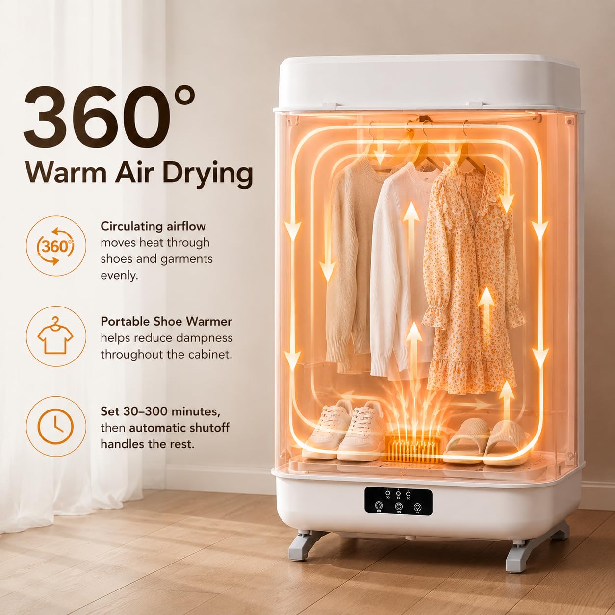 Asciugatore per scarpe pieghevole da 400W, armadietto con controllo touch