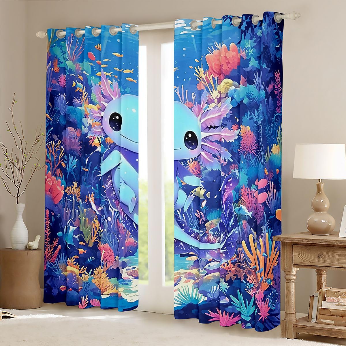 Homemissing Tende oscuranti Axolotl blu con motivo animali marini, tende oscuranti per camera da letto, decorazione per camera da letto, stile cartone animato, oceano e vita marina, isolamento termico