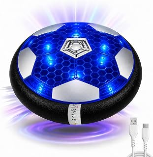 Wishkey Hover Football for Kids, Rechargeable USB Type-C Air Soccer Ball with LED Lights, 1200mAh Battery, Soft Foam Bumper Indoor Game Toy for Boys & Girls, Safe Floating Soccer Disc Toy Blue