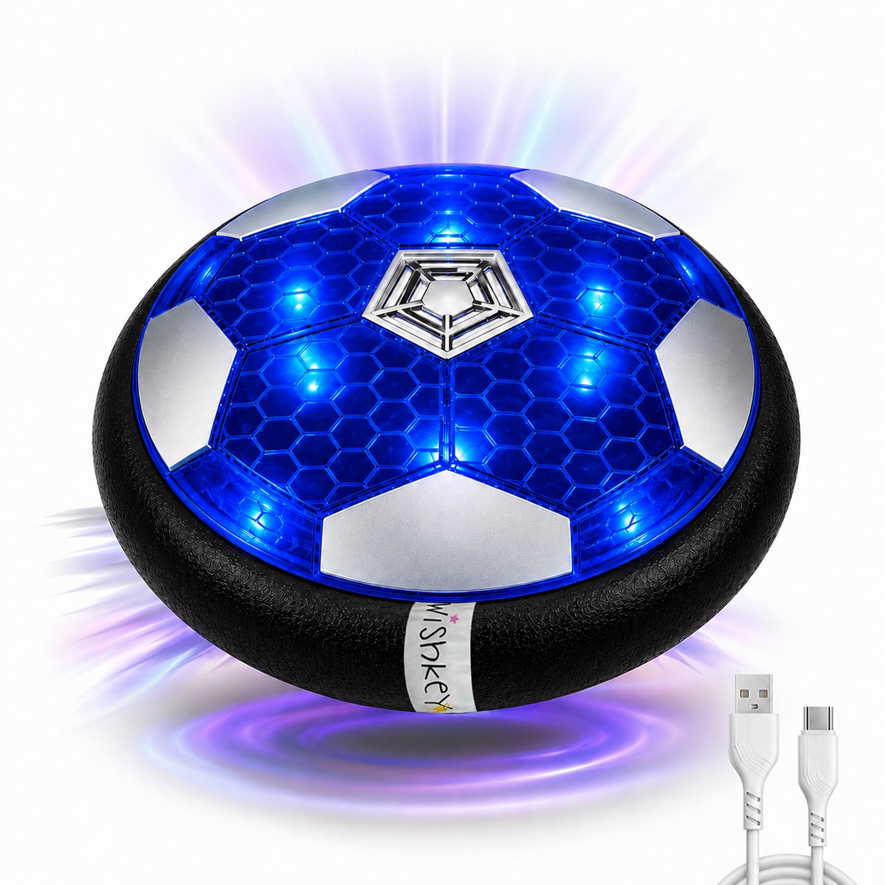 Wishkey Hover Football for Kids, Rechargeable USB Type-C Air Soccer Ball with LED Lights, 1200mAh Battery, Soft Foam Bumper Indoor Game Toy for Boys & Girls, Safe Floating Soccer Disc Toy Blue-image-24