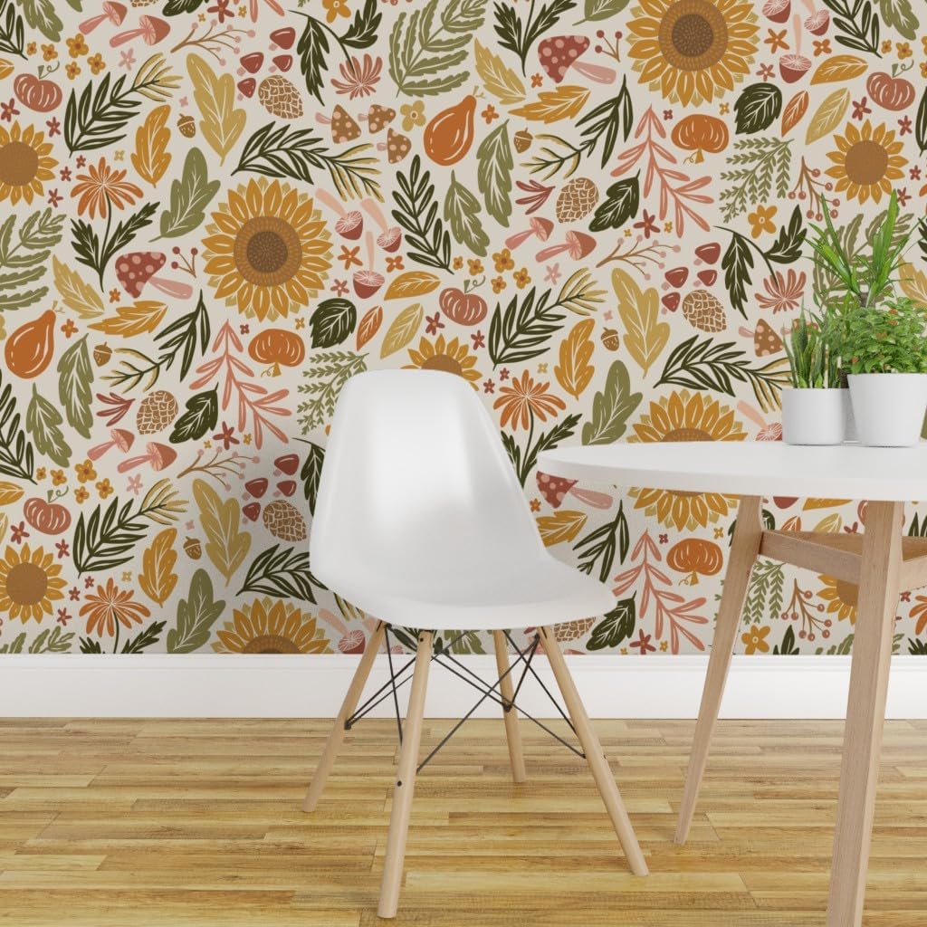 Spoonflower Removable Wallpaper 3ft x 2ft - Autumn Botanicals Leaves Acorns Sunflowers Ferns Mums Pinecones Mushrooms Custom Pre-Pasted Wallpaper