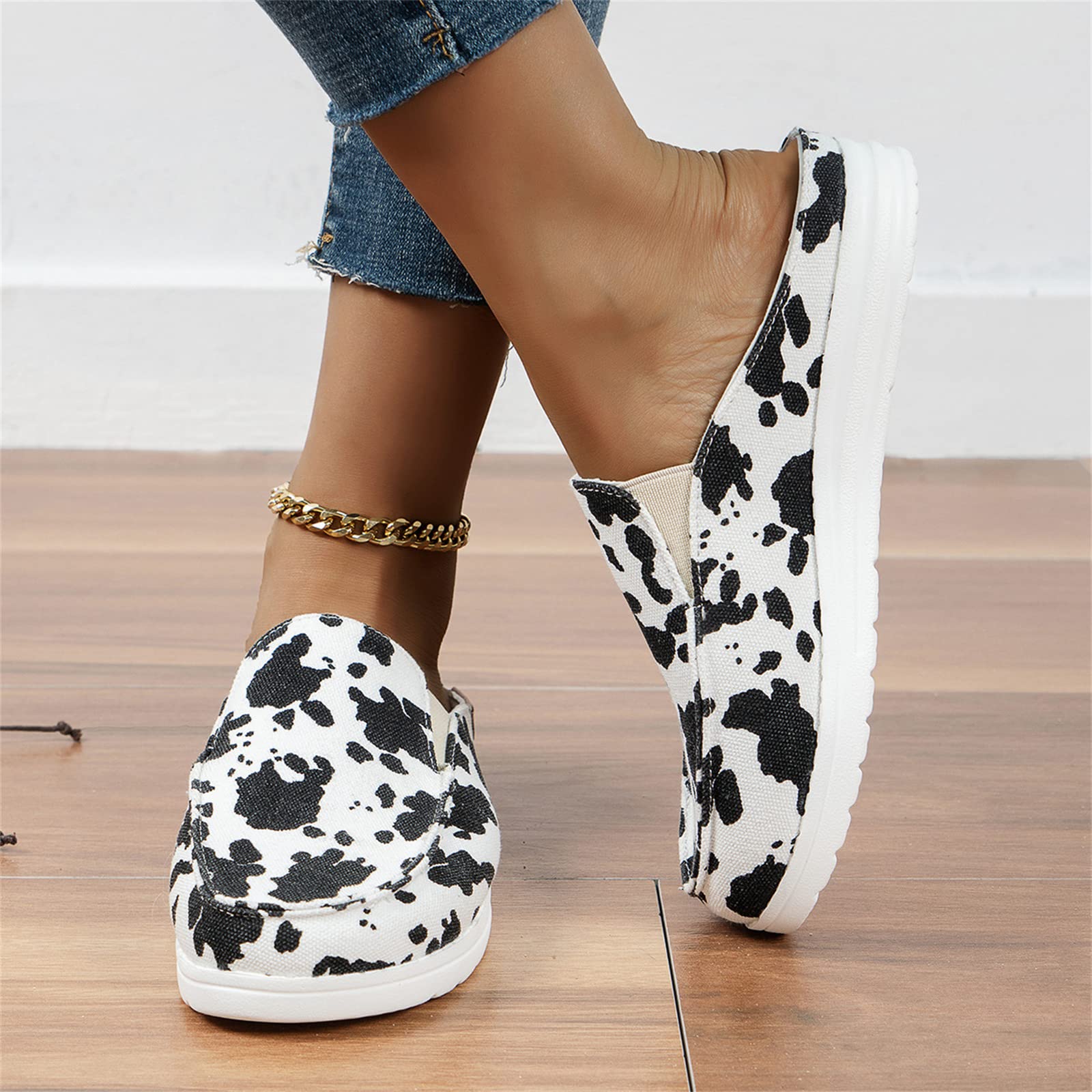 Swtko Women's Cow Print Garden Clogs Shoes Casual Flats Canvas Slippers Sandals Slip On Mules Sneakers Loafer Shoes Summer Anti-Slip Walking Shoes,,Us6/Eu37