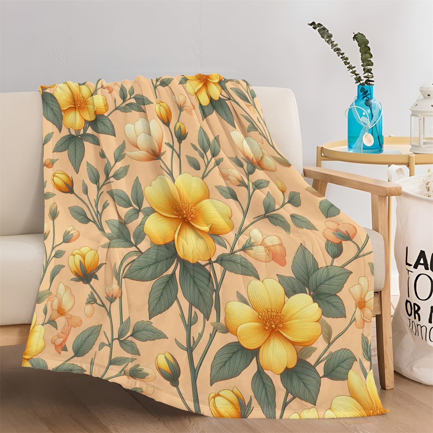 Couverture polaire à imprimé fleurs jaunes en tissu léger et doux
