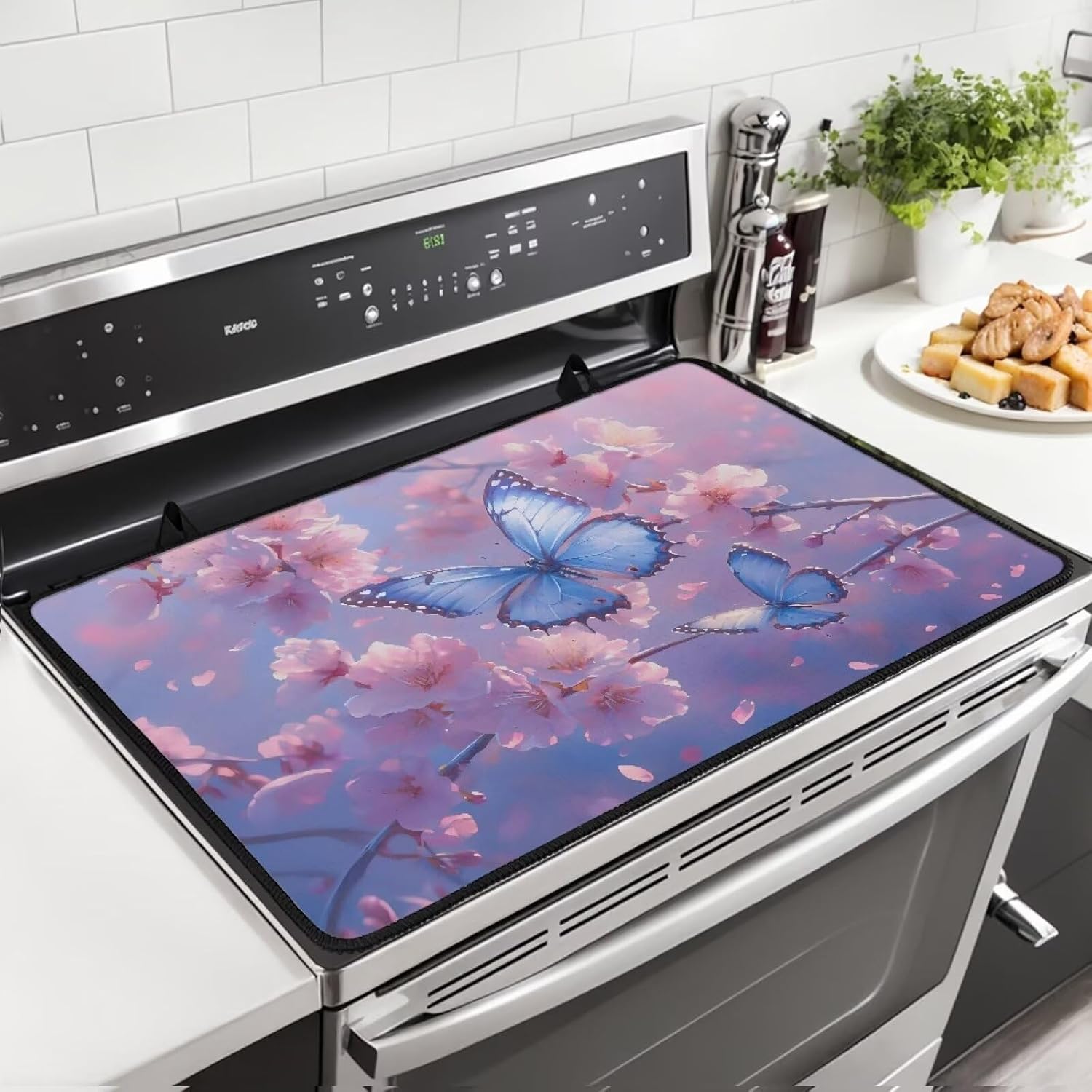 Silicone Stove Top Covers for Electric 20.96 x 29.18 Inch Butterfly Flower Range Ceramic Stove Top Covers, Heat-Resistant Glass Stovetop Cover Induction Cooktop Protector Dish Drying Pad