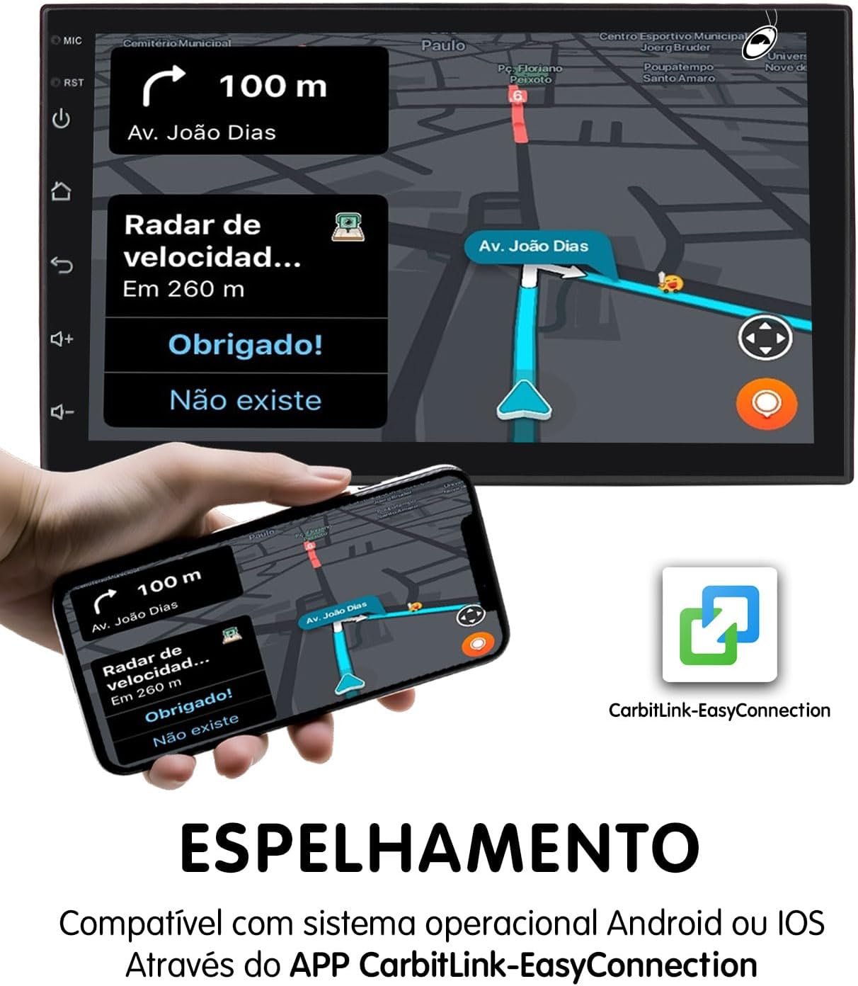 H-Tech HT-7864CA Multimedia System demonstrating screen mirroring via CarbitLink-EasyConnection app, showing a smartphone's navigation mirrored on the unit.