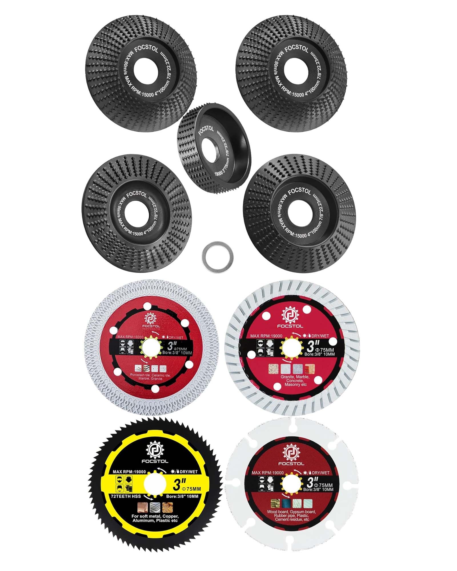 FOCSTOL Disco Diamante 75mm 4 piezas Disco de Corte y Muela Amoladora Madera 5 piezas (4 piezas 100mm+1 pieza 75mm) Disco de Muela Abrasiva Madera