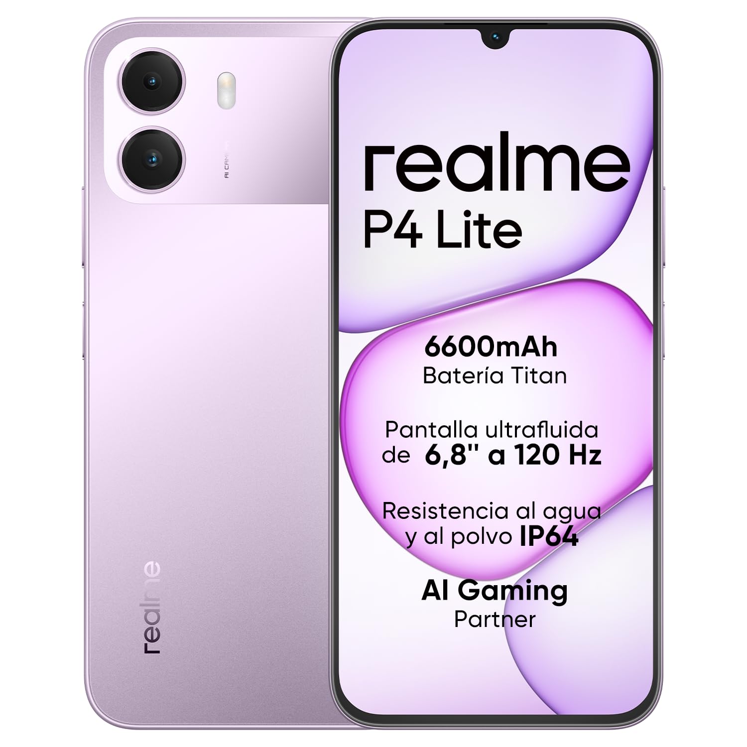 Smartphone realme P4 Lite 4G, 4GB+128GB, Pantalla LCD HD 120Hz 6,8", Batería Titan 6600mAh, Carga 15W, Carga inversa 6W, IP64 Antipolvo e Impermeable, Sistema Next IA, Púlsar Morado (Sin Cargador)