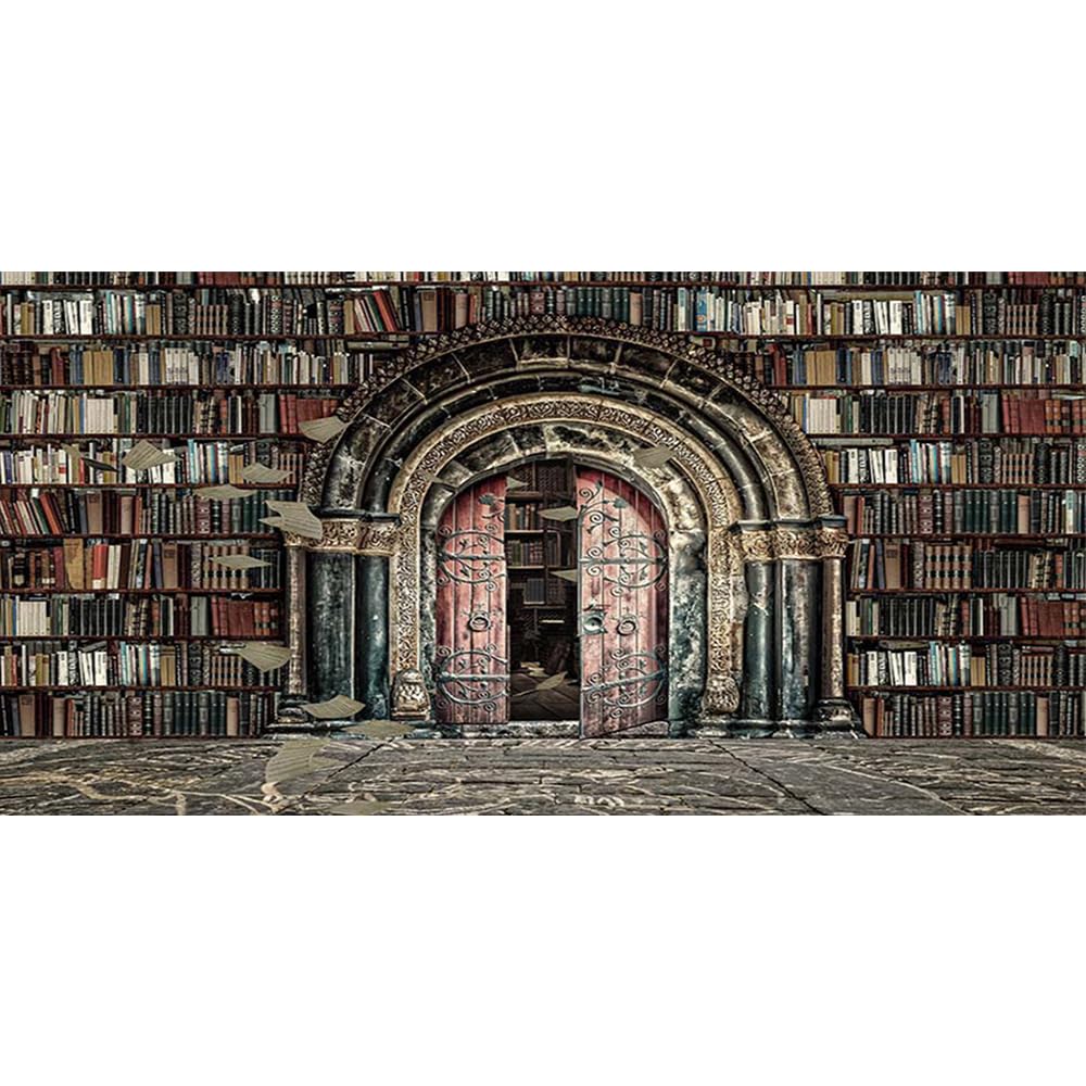 DORCEV 20x10ft Vintage Wooden Bookshelf Backdrop Banner Arch Door School Library Books Collection Photography Background Wizard Magic Bookshelf