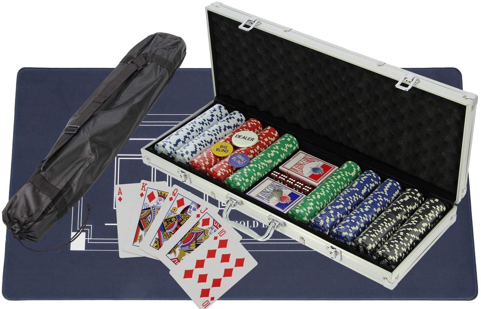 Texas Holdem Professional Poker Set with Casino Games Grade Chips & Spill Proof Neoprane Table Mat,2 Decks of Playing Cards, Dice and Aluminum Carry Case 100 300 or 500pcs (500pc Set with Table Mat)