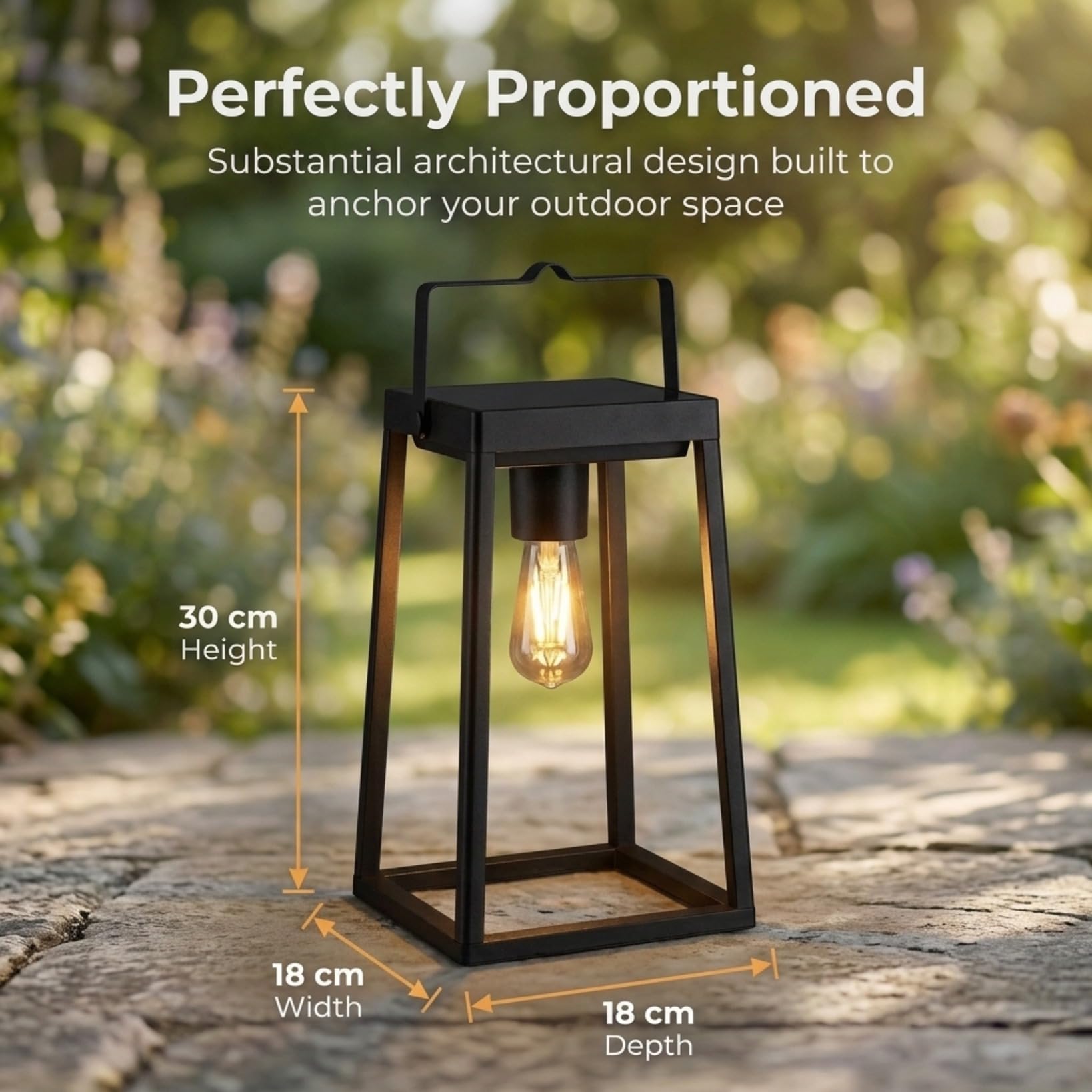 Auraglow Lanterna da Giardino Solare e USB con Lampadina Filamento Vintage | Lampada da tavolo senza fili, batteria 48 ore, opzione crepuscolare, alluminio nero opaco, bagliore LED retrò