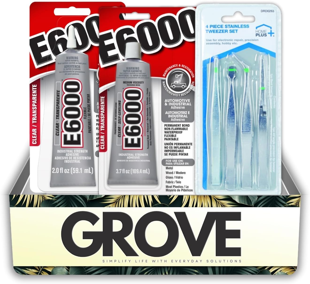 E6000 Craft Industrial Strength High Strength Clear All Purpose Adhesive 2 oz & Automotive and Industrial Adhesive Gel 3.7 oz Bundle with Tweezers Set – Crafts & Repairs – Gift Set (3 Items)