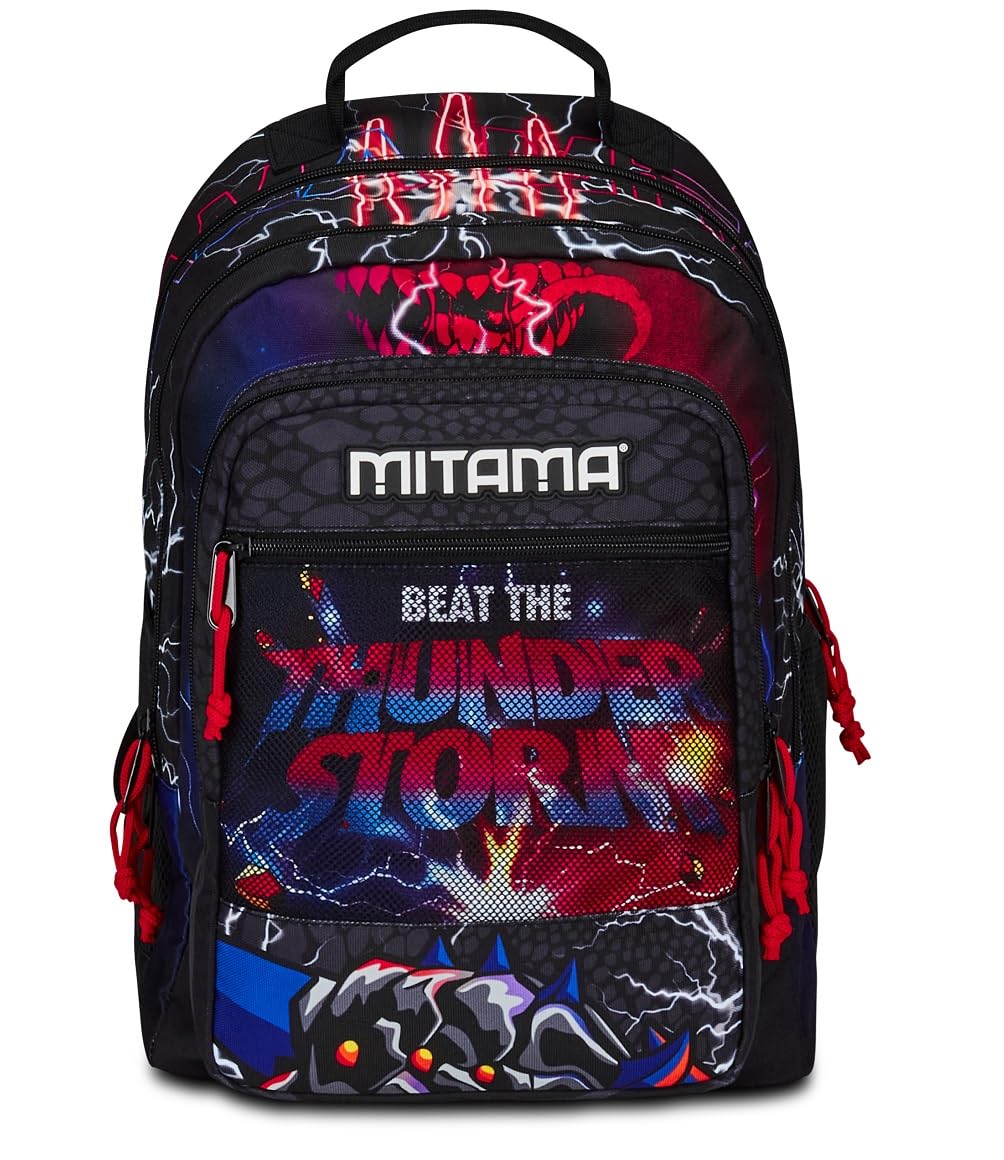 Mitama Zaino Triplo Scomparto Monster Bite con Tasca frontale, Nero e Rosso, Scuola Elementare e Tempo Libero, Bambino Ragazzo