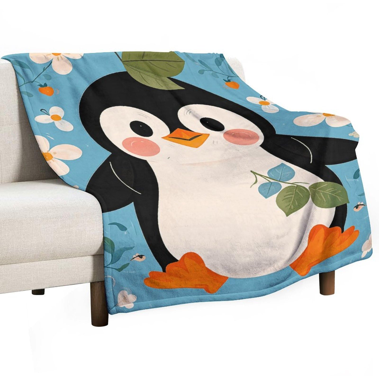 Couverture flanelle douce et légère thermorégulatrice à imprimé pingouin