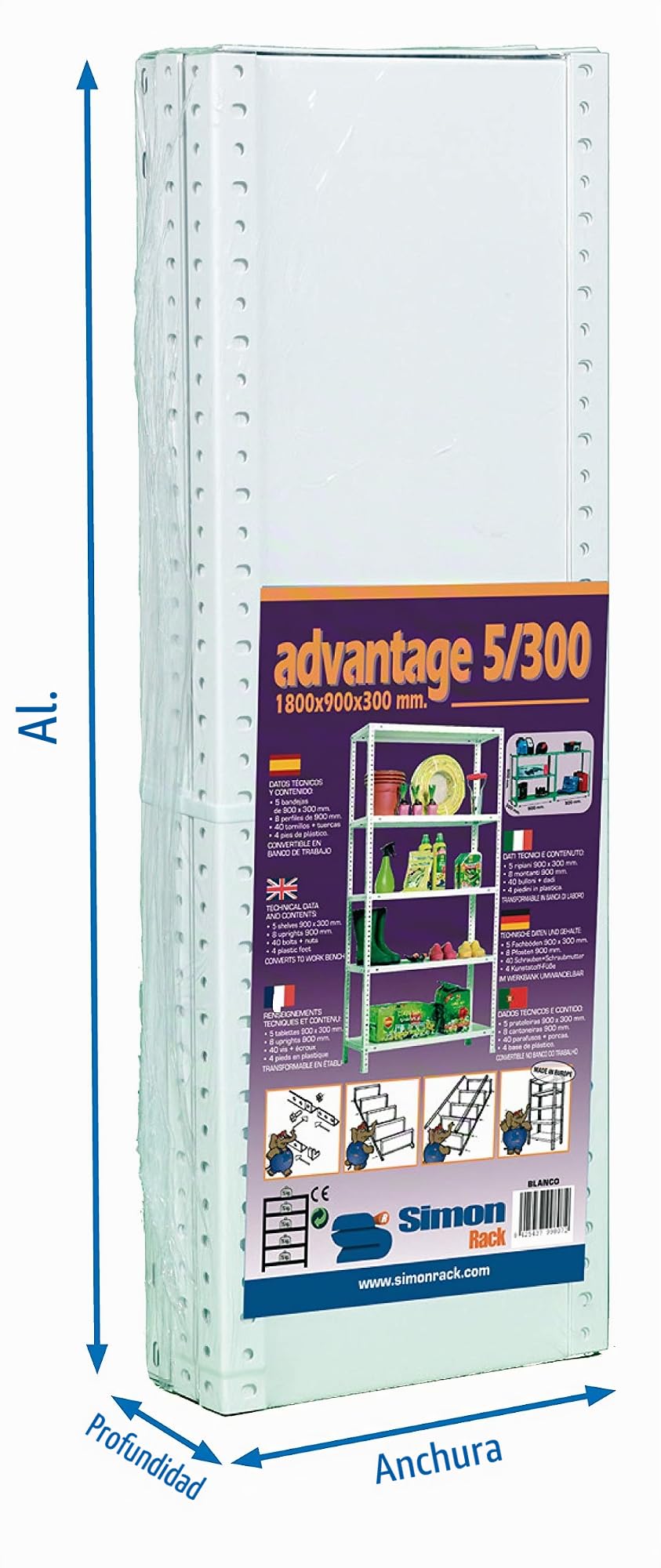 Simon Rack Estanterias Metalicas 2000x900x300 mm, 6 Baldas Metalica, 75 kg de Punto Flexión, Estanterias Almacenaje, Galvanizado - Advantage