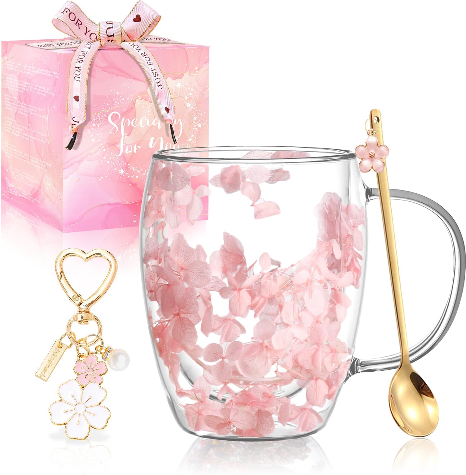 Gifts for Women Dried Flowers Double Wall Glass Coffee Mugs Cute Glass Tea Cups with Handles Autumn Mug Christmas Birthday Gifts for Best Friend Teacher Mum Gift New Home Gift Ideas Home Decor